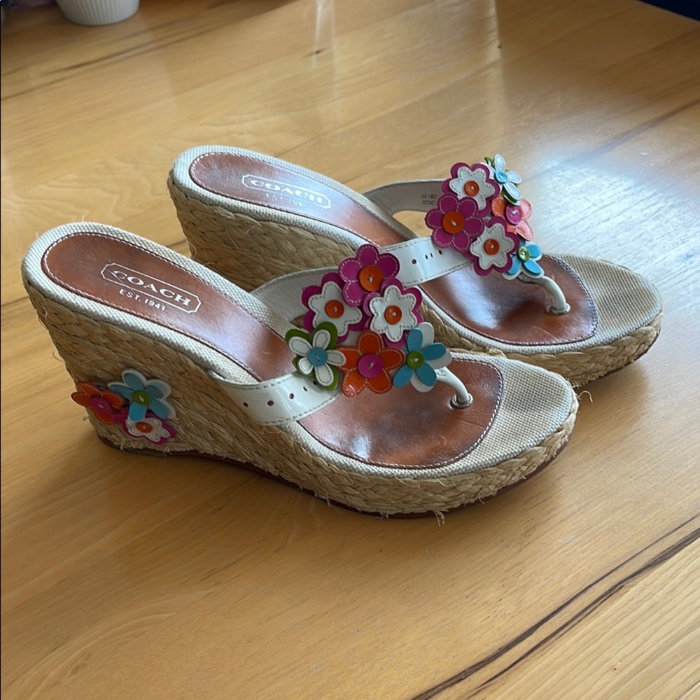 Coach Red and Pink Floral Wedges with Platform Sole